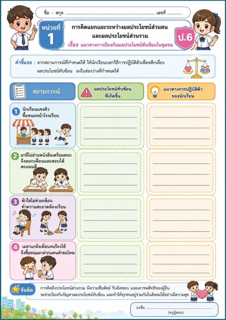 ใบงานการคิดแยกแยะระหว่างผลประโยชน์ส่วนตนและผลประโยชน์ส่วนรวม ป.6 เรื่อง แนวทางการป้องกันผลประโยชน์ทับซ้อนในชุมชน 1 ใบงาน ป.6 เรื่อง แนวทางการป้องกันผลประโยชน์ทับซ้อนในชุมชน พร้อมกิจกรรมวิเคราะห์สถานการณ์และแนวทางปฏิบัติที่เหมาะสม