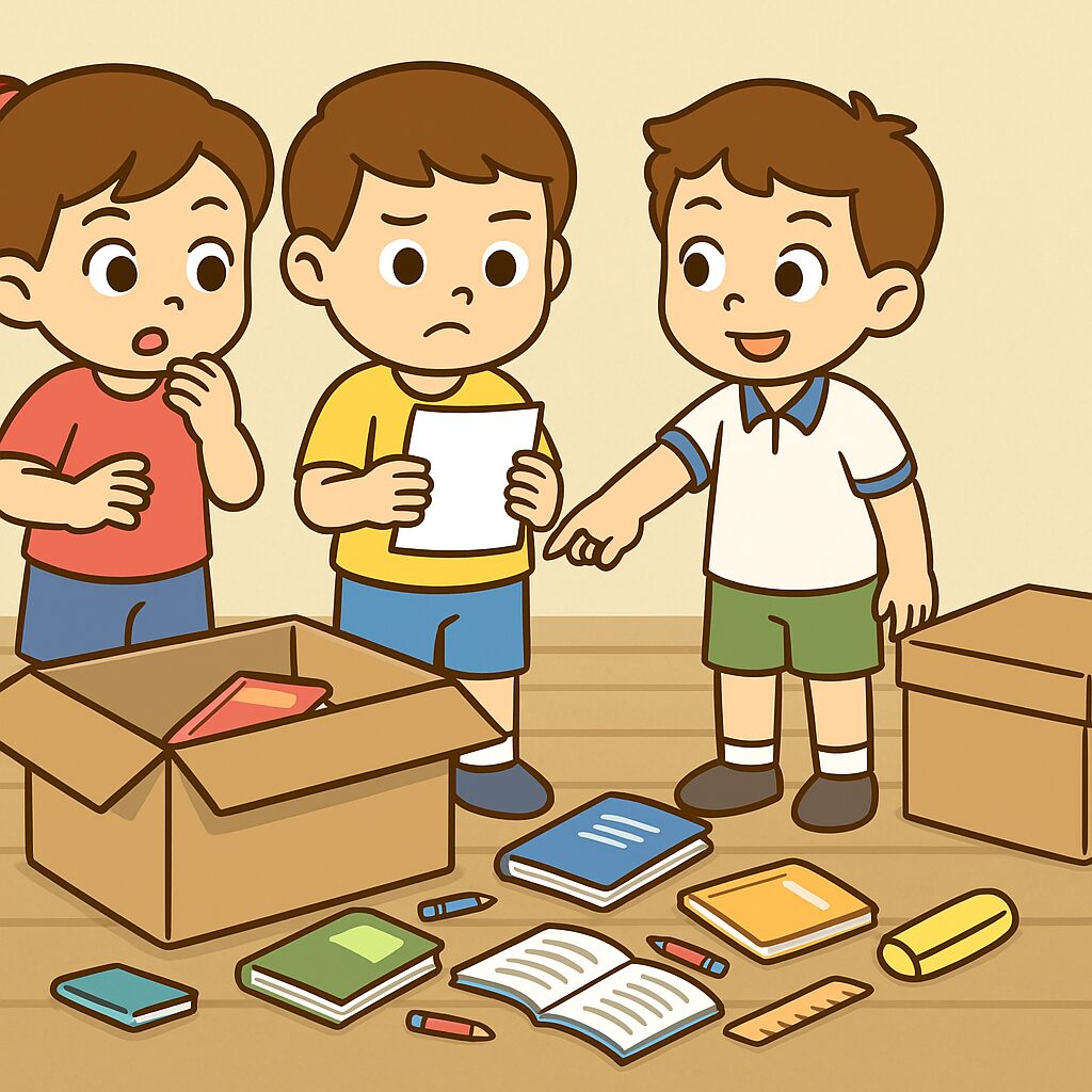 ภาพแสดงเด็กนักเรียน 3 คนยืนมองกล่องกระดาษใบใหญ่ที่มีของกระจัดกระจายอยู่เต็มพื้น เช่น หนังสือ ดินสอ ไม้บรรทัด แฟ้มเอกสาร และของใช้ส่วนตัวหลายอย่าง 