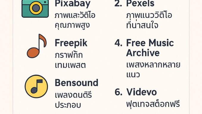 ChatGPT Image 5 ก.ค. 2568 13_21_00 อินโฟกราฟิกภาษาไทยแสดง 10 เว็บไซต์แจกภาพและเสียงฟรีสำหรับทำสื่อการสอน เช่น Pixabay, Freepik, Bensound, Unsplash, Canva เหมาะสำหรับครูและผู้จัดทำสื่อการเรียนการสอน