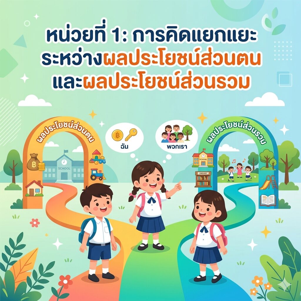 หน่วยที่ 1
การคิดแยกแยะระหว่างผลประโยชน์ส่วนตนและผลประโยชน์ส่วนรวม