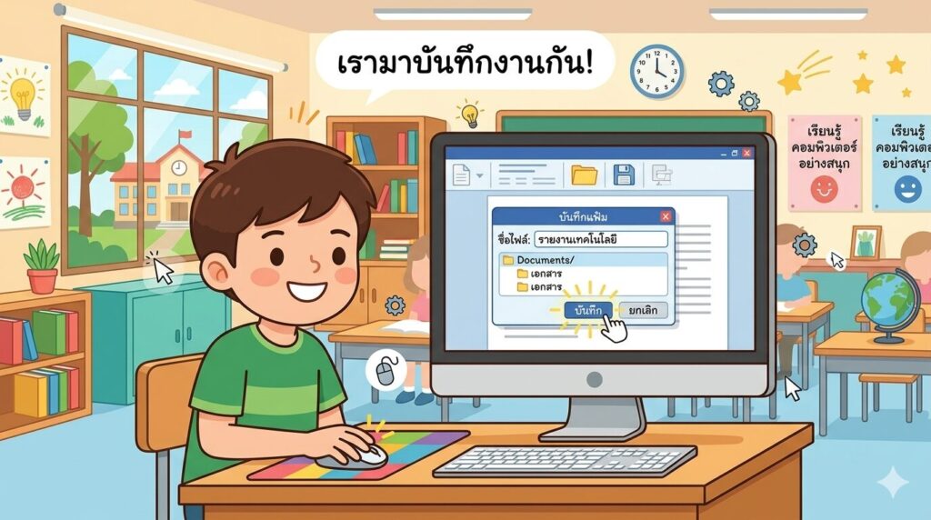นักเรียนบันทึกไฟล์เอกสารในคอมพิวเตอร์