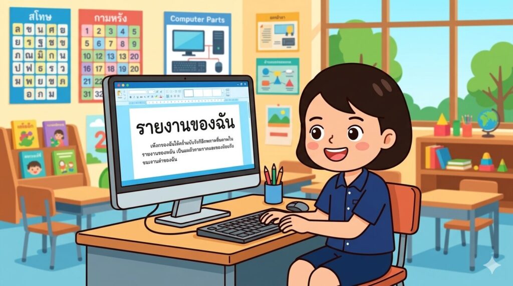 นักเรียนพิมพ์เอกสารด้วยคอมพิวเตอร์
