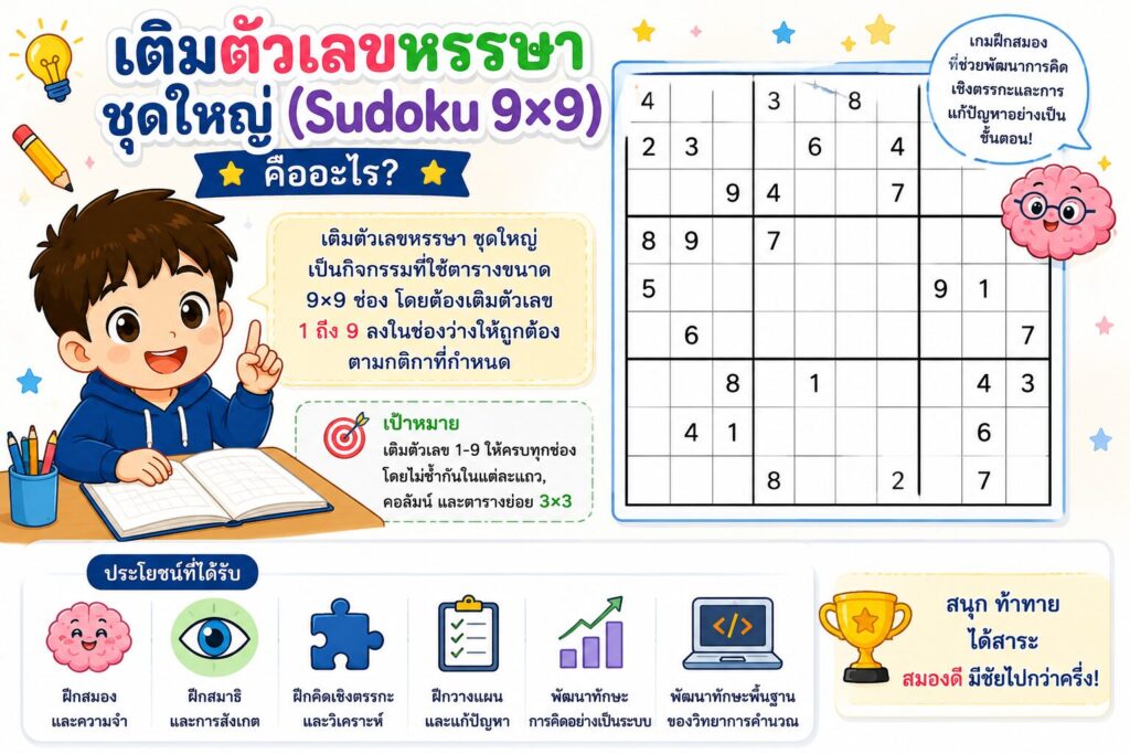 เติมตัวเลขหรรษา ชุดใหญ่ (Sudoku 9×9) ป.5 ฝึกคิดวิเคราะห์และแก้ปัญหาอย่างเป็นระบบ 1 เติมตัวเลขหรรษา ชุดใหญ่ คืออะไร