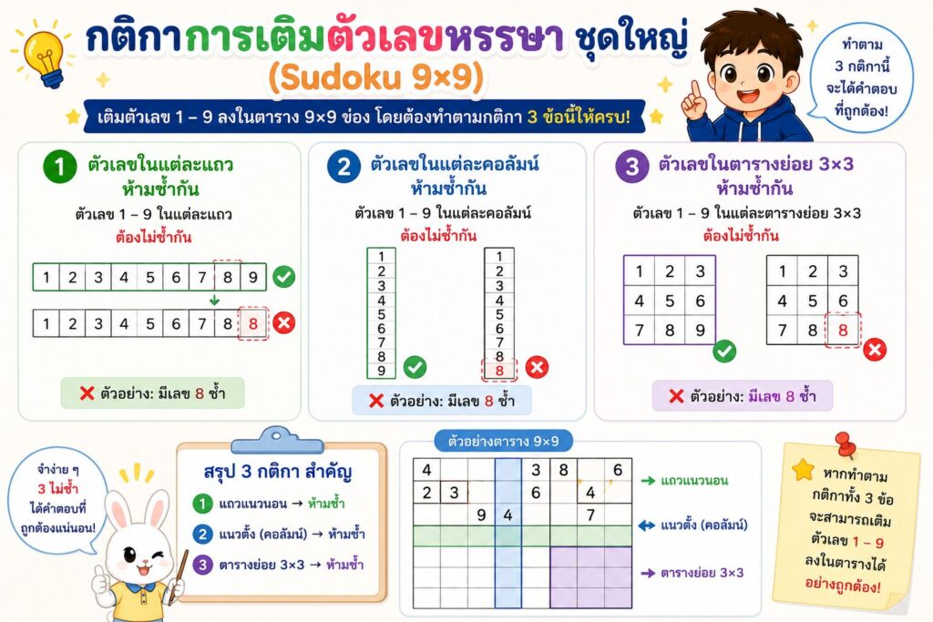 เติมตัวเลขหรรษา ชุดใหญ่ (Sudoku 9×9) ป.5 ฝึกคิดวิเคราะห์และแก้ปัญหาอย่างเป็นระบบ 2 กติกาการเติมตัวเลขหรรษา Sudoku 9x9