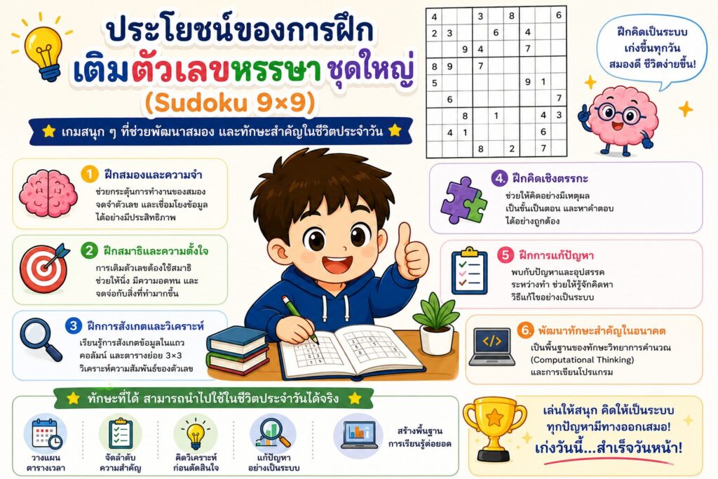 เติมตัวเลขหรรษา ชุดใหญ่ (Sudoku 9×9) ป.5 ฝึกคิดวิเคราะห์และแก้ปัญหาอย่างเป็นระบบ 5 ChatGPT Image 18 มิ.ย. 2569 21 32 06