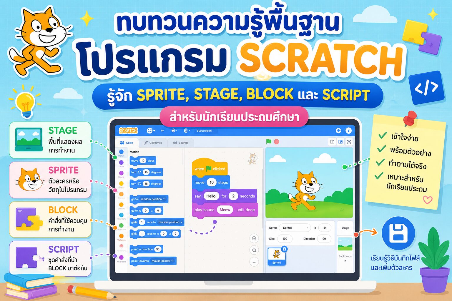 Stage Block Rvt ทบทวนความรู้พื้นฐานโปรแกรม Scratch: รู้จัก Sprite Stage Block และ Script
