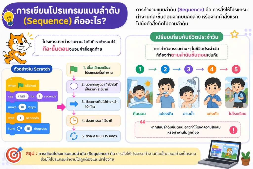 การเขียนโปรแกรมแบบลำดับ (Sequence) ด้วย Scratch สำหรับนักเรียนประถม