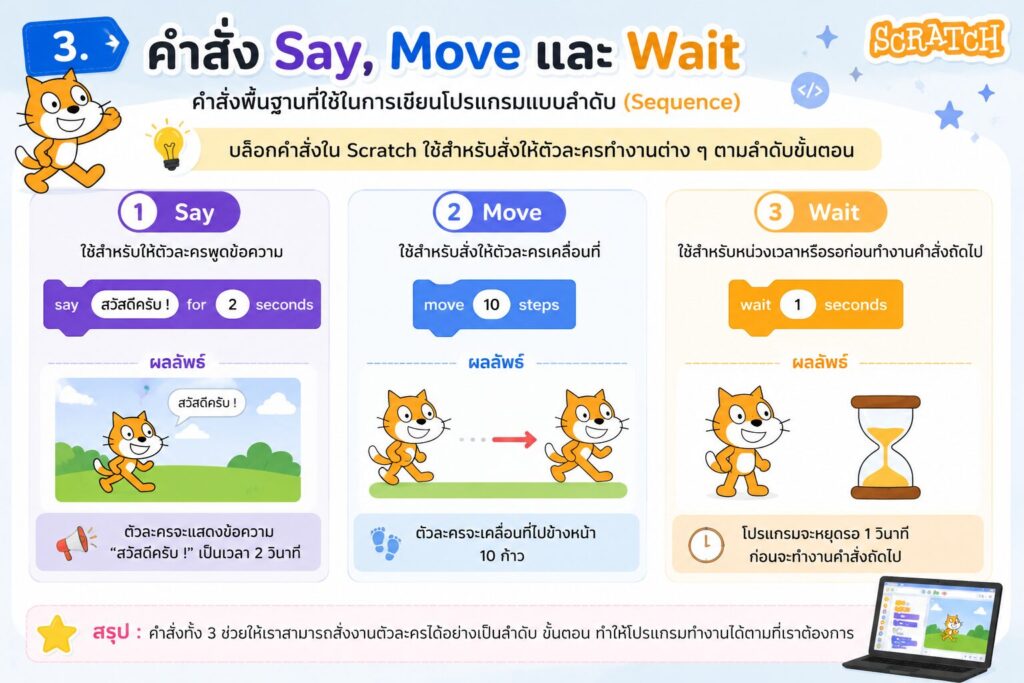 การเขียนโปรแกรมแบบลำดับ (Sequence) ด้วย Scratch สำหรับนักเรียนประถมศึกษา 3 คำสั่ง Say Move Wait ใน Scratch