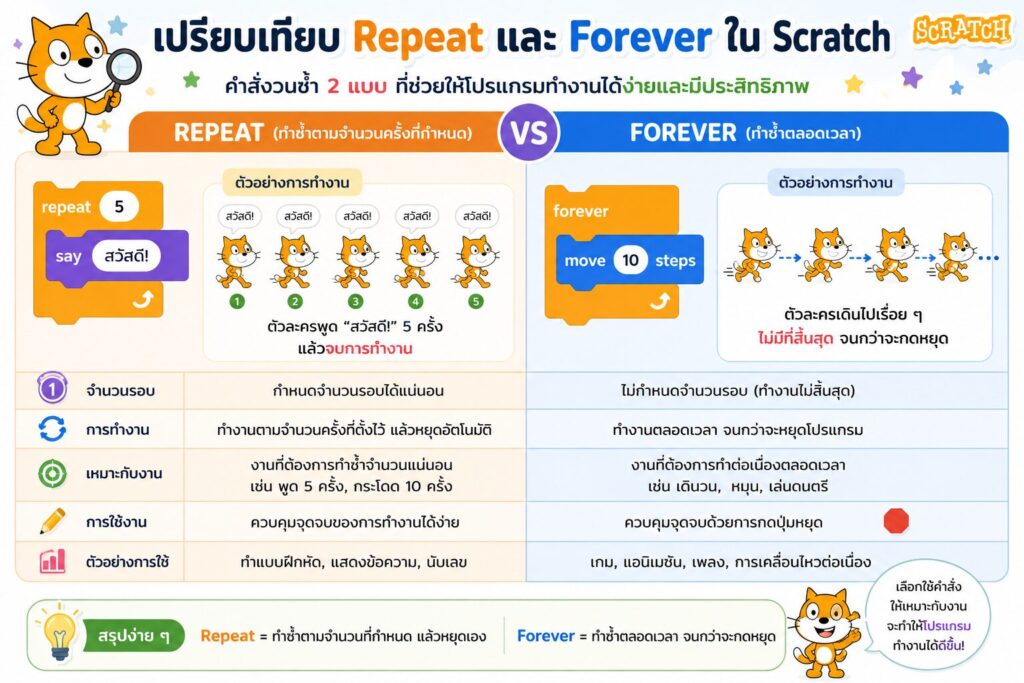 เปรียบเทียบ Repeat และ Forever ใน Scratch