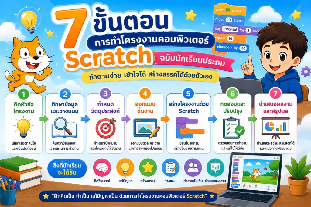 คู่มือการทำโครงงานคอมพิวเตอร์ Scratch สำหรับนักเรียนระดับประถมศึกษา 1 ChatGPT Image 7 มิ.ย. 2569 15 55 06
