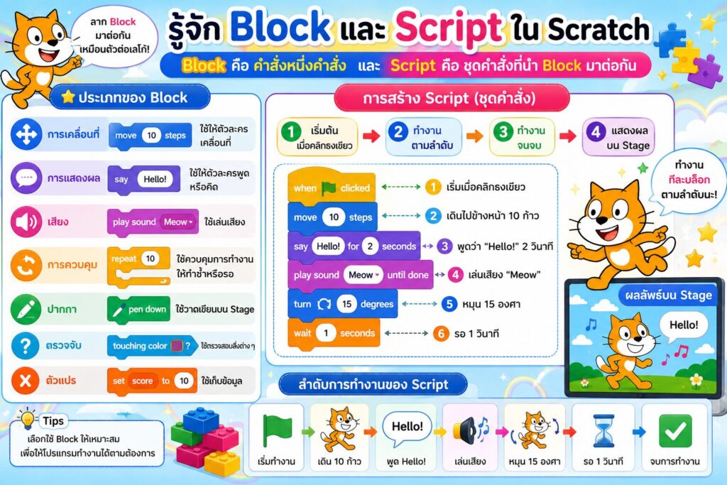 ทบทวนความรู้พื้นฐานโปรแกรม Scratch: รู้จัก Sprite, Stage, Block และ Script สำหรับนักเรียนประถมศึกษา 4 Block และ Script ใน Scratch