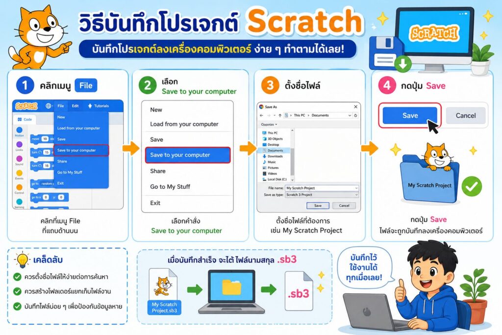 ทบทวนความรู้พื้นฐานโปรแกรม Scratch: รู้จัก Sprite, Stage, Block และ Script สำหรับนักเรียนประถมศึกษา 5 วิธีบันทึกโปรเจกต์ Scratch