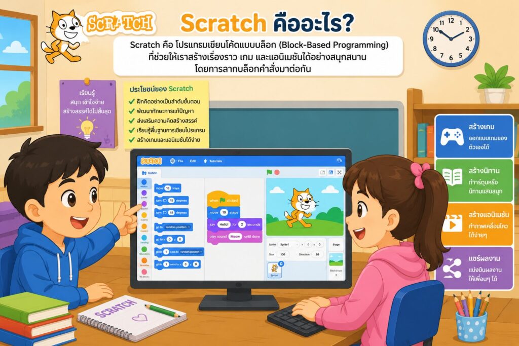 ทบทวนความรู้พื้นฐานโปรแกรม Scratch: รู้จัก Sprite, Stage, Block และ Script สำหรับนักเรียนประถมศึกษา 1 โปรแกรม Scratch สำหรับนักเรียนประถม