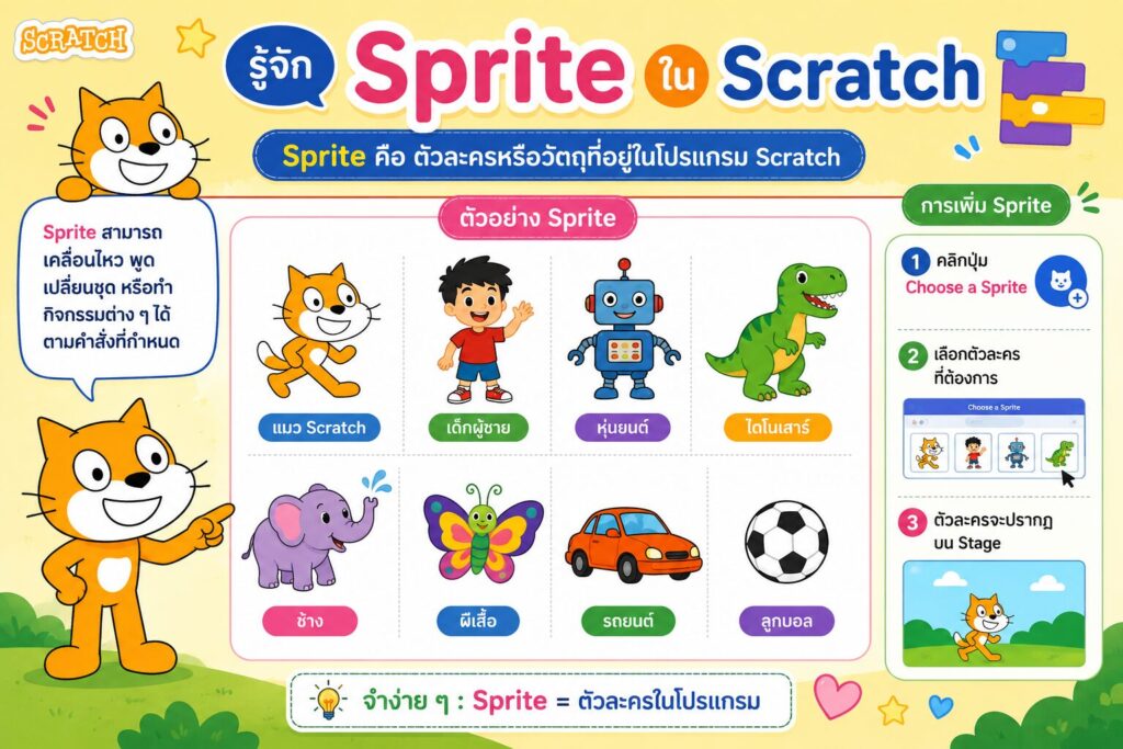 ทบทวนความรู้พื้นฐานโปรแกรม Scratch: รู้จัก Sprite, Stage, Block และ Script สำหรับนักเรียนประถมศึกษา 2 Sprite คือตัวละครในโปรแกรม Scratch