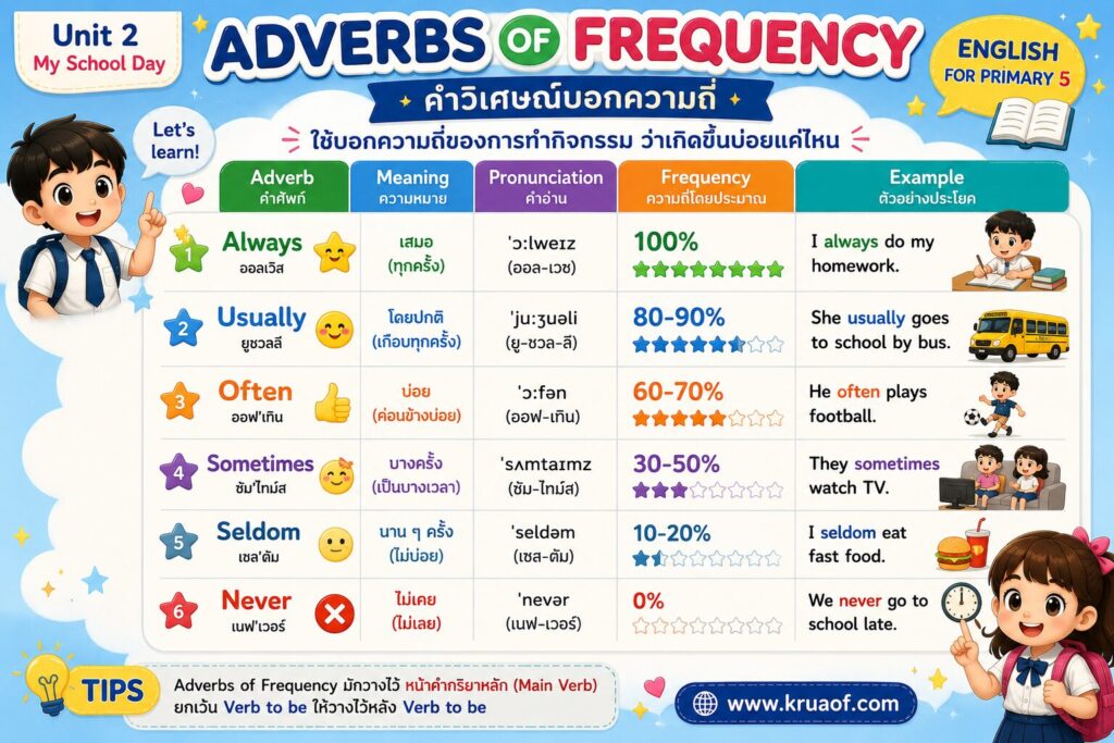 Adverbs of Frequency ป.5 | Always, Usually, Sometimes, Never พร้อมตัวอย่างประโยคและแบบฝึกหัด 1 Adverbs of Frequency