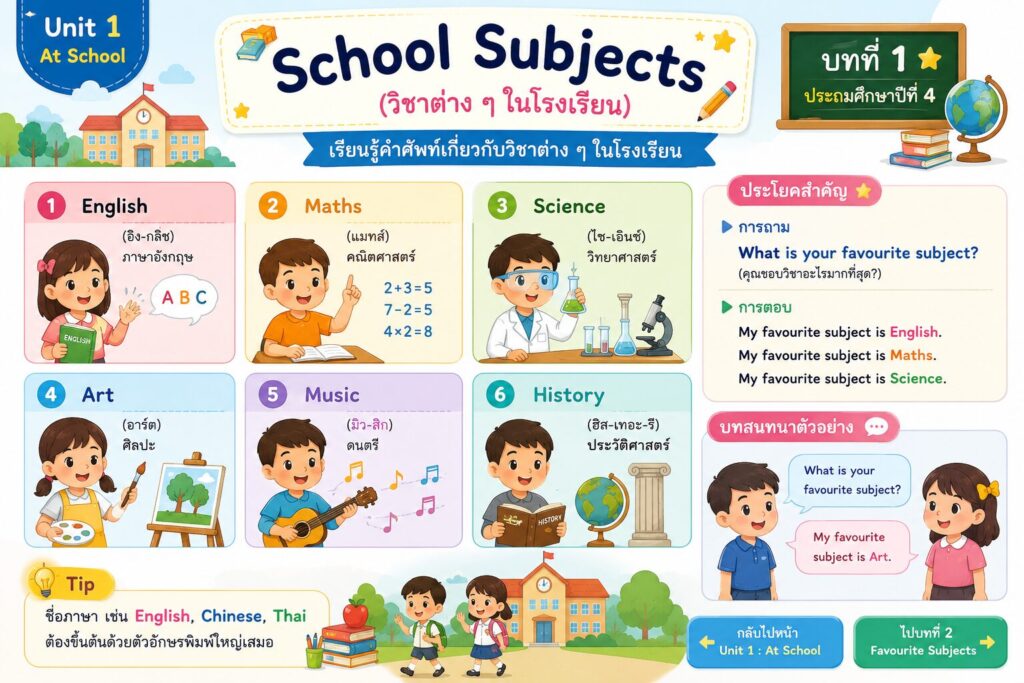 School Subjects ภาษาอังกฤษ ป.4 | Unit 1 บทที่ 1 1 ChatGPT Image 4 ก.ค. 2569 12 19 10