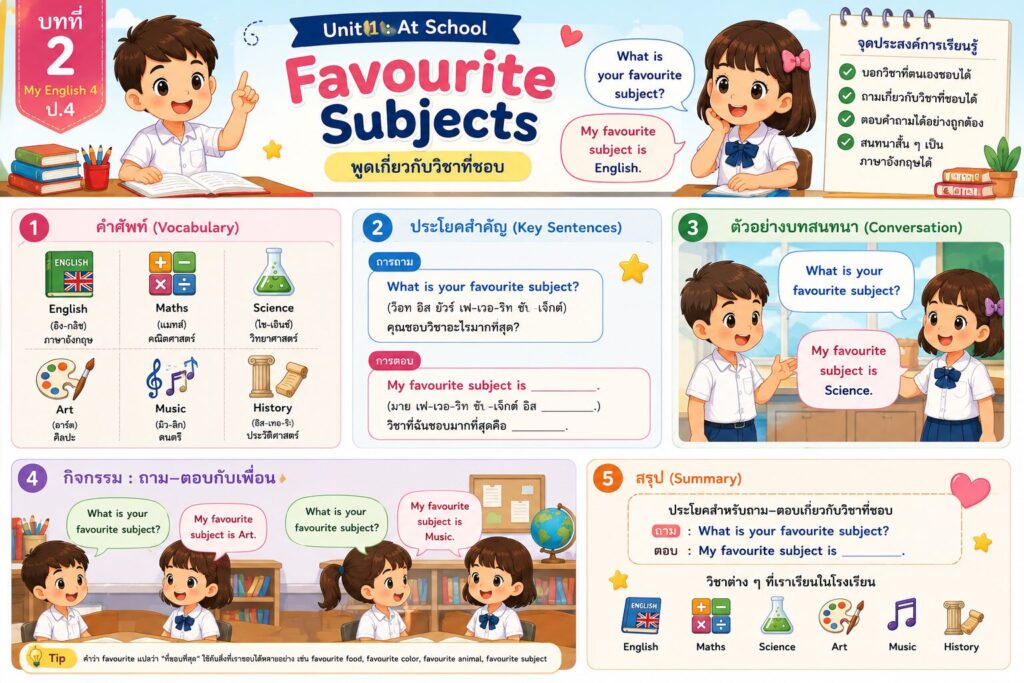 บทที่ 2 : Favourite Subjects ภาษาอังกฤษ ป.4 | พูดเกี่ยวกับวิชาที่ชอบ 1 ChatGPT Image 4 ก.ค. 2569 12 38 36