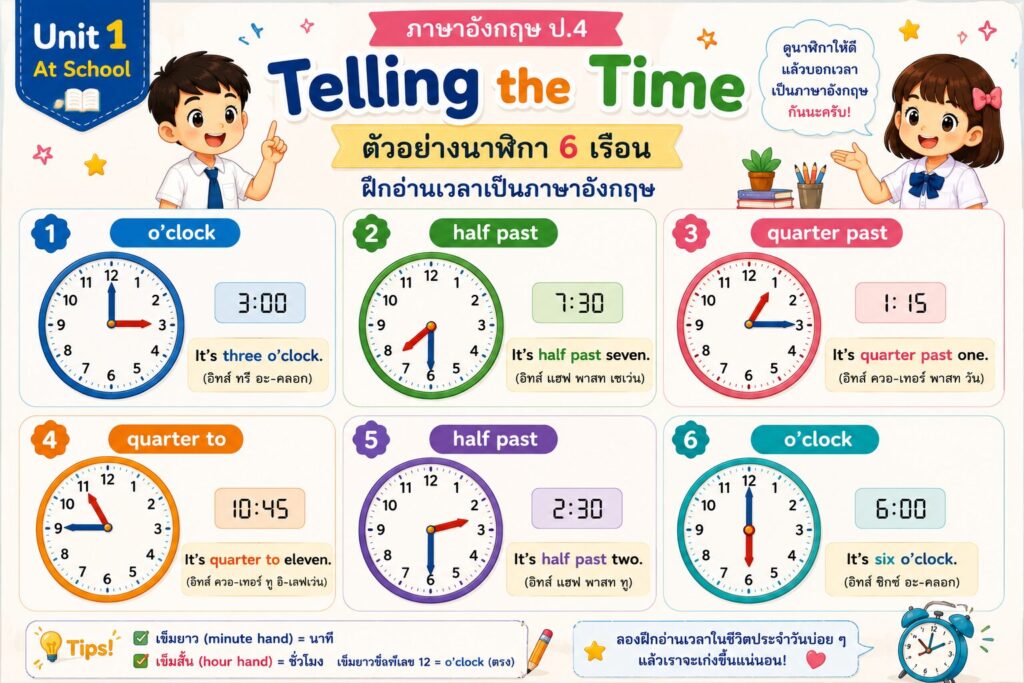 บทที่ 3 : Telling the Time ภาษาอังกฤษ ป.4 2 ChatGPT Image 4 ก.ค. 2569 12 51 14