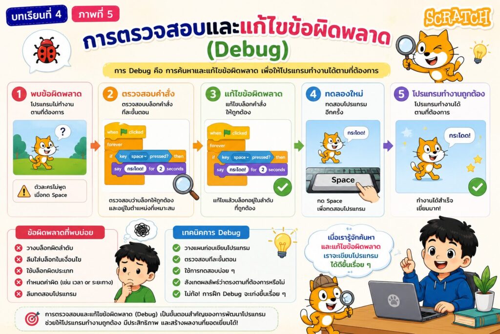 การสร้างโปรแกรมอย่างง่ายด้วย Scratch สำหรับนักเรียนประถมศึกษา 5 การตรวจสอบและแก้ไขข้อผิดพลาด (Debug) ใน Scratch