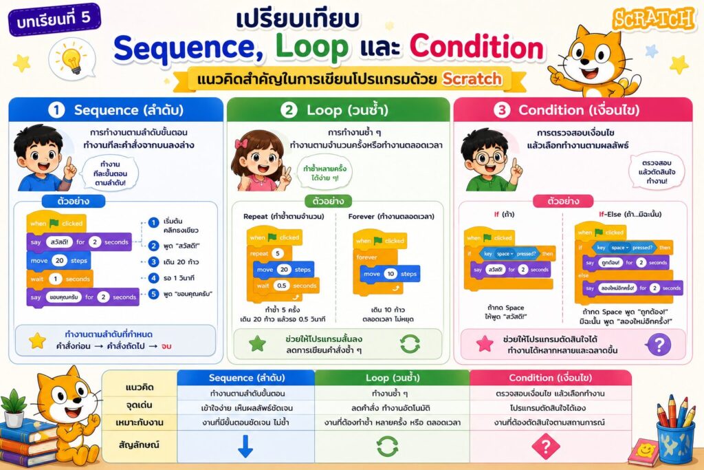 ทบทวนและแบบฝึกหัดหน่วยที่ 2 การเขียนโปรแกรมด้วย Scratch สำหรับนักเรียนประถมศึกษา 2 เปรียบเทียบ Sequence Loop และ Condition ใน Scratch
