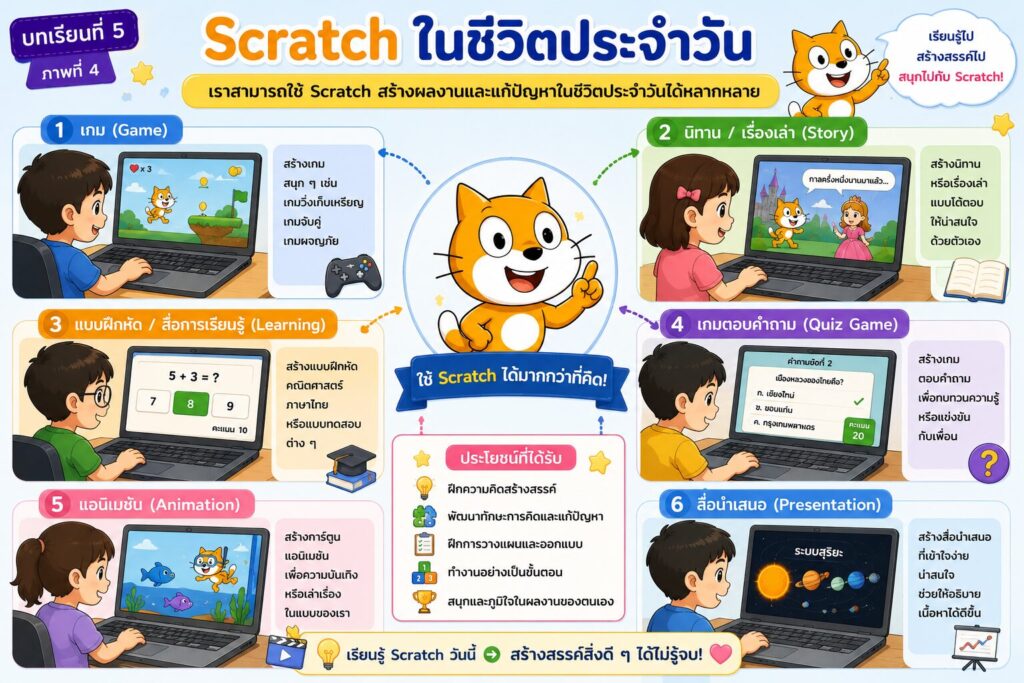 ทบทวนและแบบฝึกหัดหน่วยที่ 2 การเขียนโปรแกรมด้วย Scratch สำหรับนักเรียนประถมศึกษา 4 การประยุกต์ใช้ Scratch ในชีวิตประจำวันและการเรียนรู้