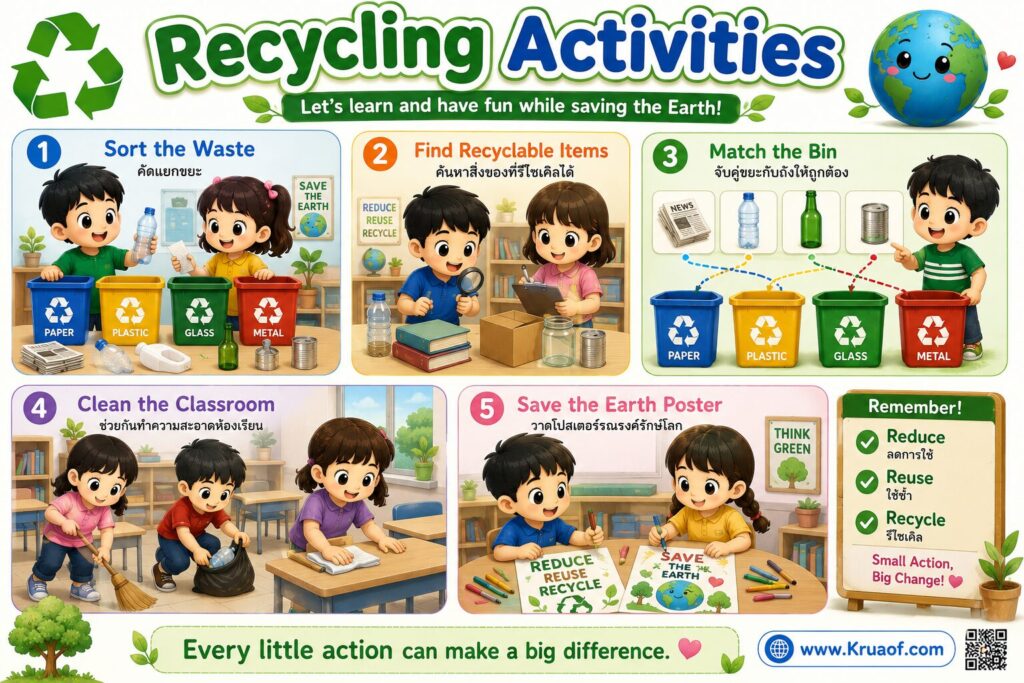 Recycling ป.5 | เรียนรู้การรีไซเคิล ภาษาอังกฤษ พร้อมคำศัพท์ ตัวอย่างประโยค และแบบฝึกหัด 4 recycling activities