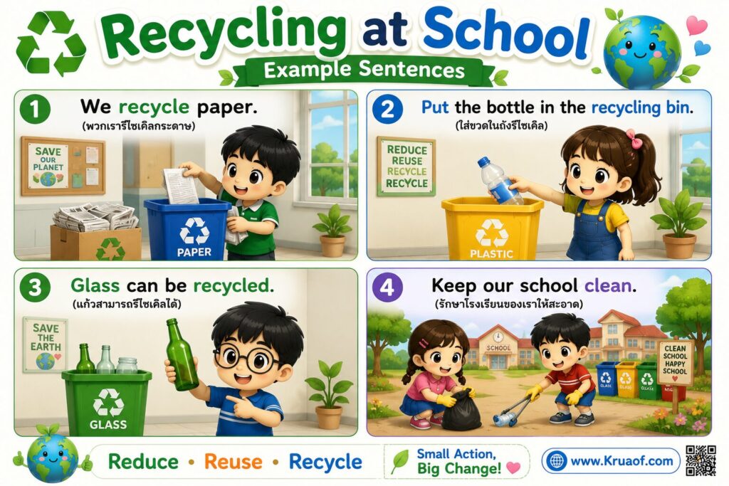 Recycling ป.5 | เรียนรู้การรีไซเคิล ภาษาอังกฤษ พร้อมคำศัพท์ ตัวอย่างประโยค และแบบฝึกหัด 3 recycling sentense