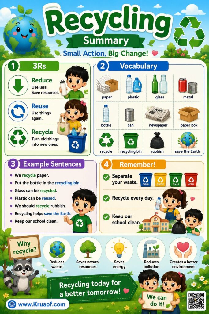 Recycling ป.5 | เรียนรู้การรีไซเคิล ภาษาอังกฤษ พร้อมคำศัพท์ ตัวอย่างประโยค และแบบฝึกหัด 5 recycling summary