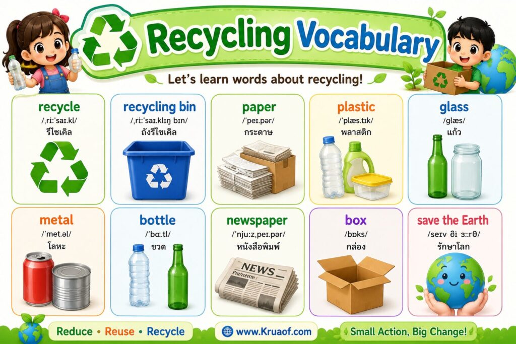 Recycling ป.5 | เรียนรู้การรีไซเคิล ภาษาอังกฤษ พร้อมคำศัพท์ ตัวอย่างประโยค และแบบฝึกหัด 1 recycling vocaburaly