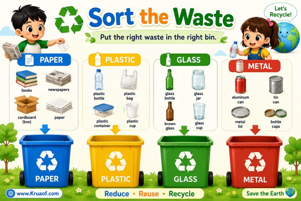Recycling ป.5 | เรียนรู้การรีไซเคิล ภาษาอังกฤษ พร้อมคำศัพท์ ตัวอย่างประโยค และแบบฝึกหัด 2 recycling waste
