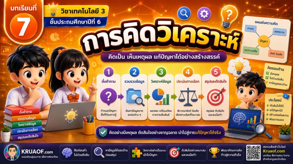 🚀 ภารกิจงานชิ้นใหญ่ ภาคเรียนที่ 1 วิชาเทคโนโลยี 3 ชั้นประถมศึกษาปีที่ 6 7 บทเรียนที่ 7 การคิดวิเคราะห์