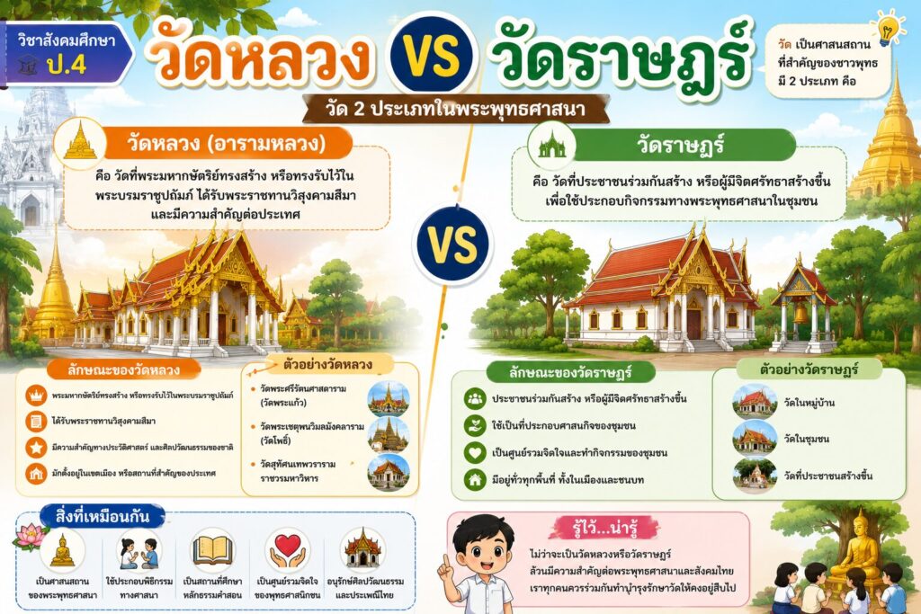ความสำคัญของศาสนสถาน ป.4 พร้อมใบงานและเฉลย 2 วัดหลวงหรือวัดราษฎร์