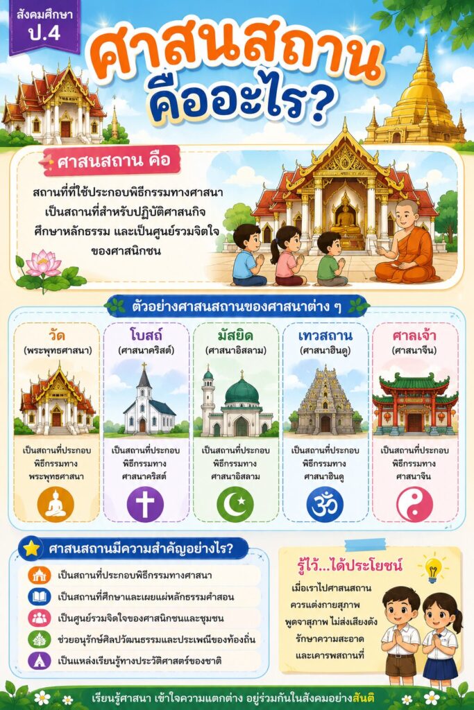 ความสำคัญของศาสนสถาน ป.4 พร้อมใบงานและเฉลย 1 ศาสนสถานคืออะไร
