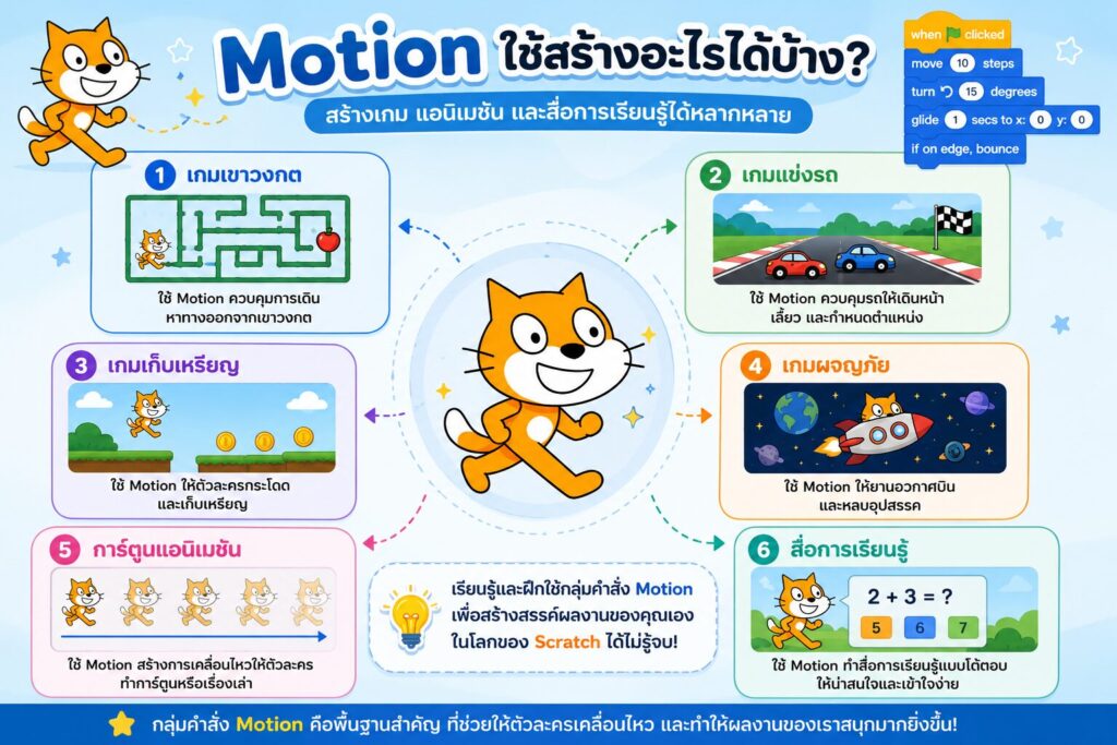 ใบงานที่ 10 กลุ่มคำสั่ง Motion ใน Scratch 5 ใบงานที่ 10 สรุป