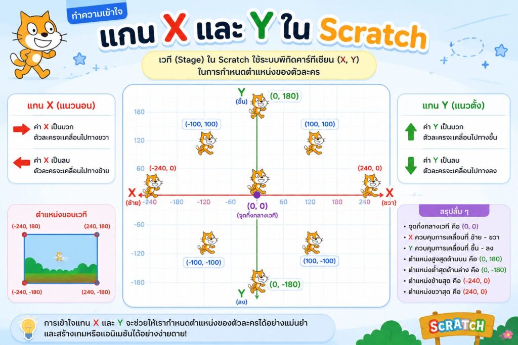 ใบงานที่ 10 กลุ่มคำสั่ง Motion ใน Scratch 3 ใบงานที่ 10 แกน xy