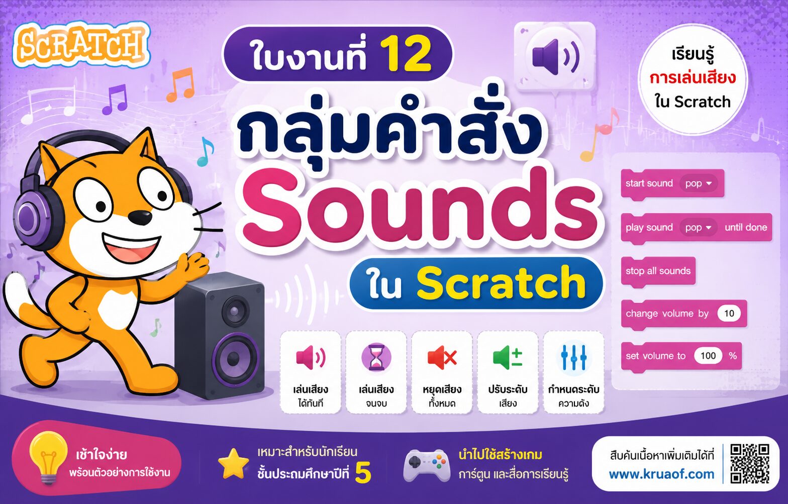 ยินดีต้อนรับสู่ Kruaof.com 3 ใบงานที่ 12 กลุ่มคำสั่ง Sounds ใน Scratch พร้อมตัวอย่างการใช้งาน เข้าใจง่าย สำหรับนักเรียน ป.5