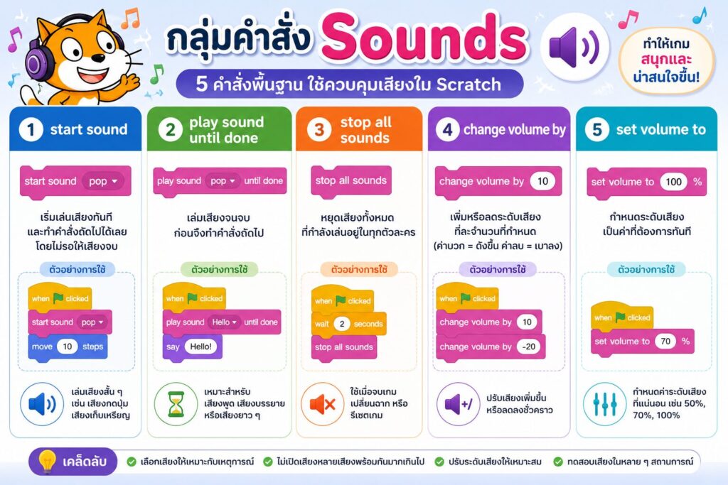 ใบงานที่ 12 กลุ่มคำสั่ง Sounds ใน Scratch พร้อมตัวอย่างการใช้งาน เข้าใจง่าย สำหรับนักเรียน ป.5 4 ใบงานที่ 12 สรุปคำสั่ง Sound ทั้งหมด