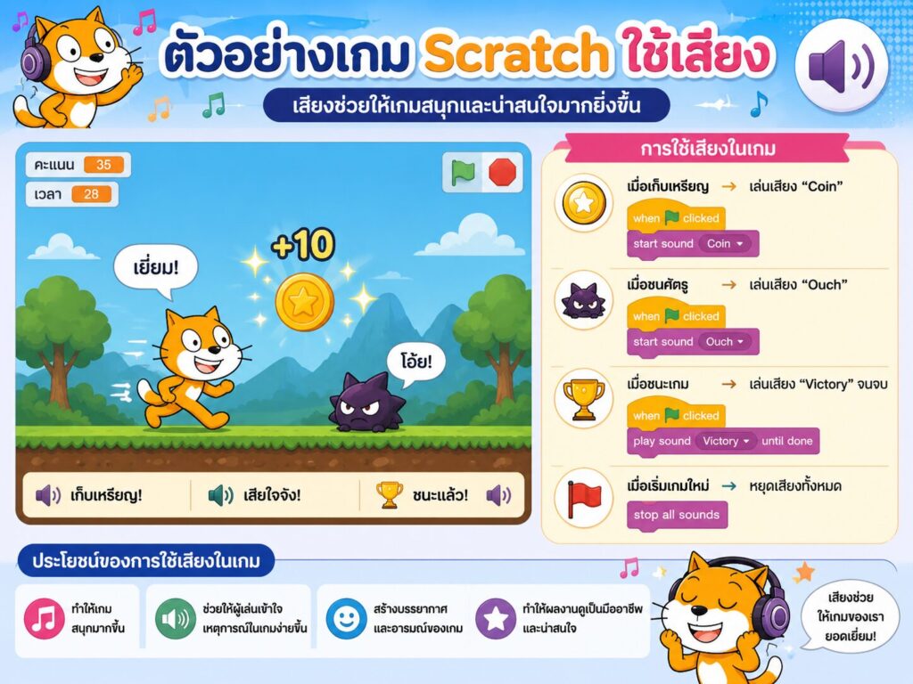 ใบงานที่ 12 กลุ่มคำสั่ง Sounds ใน Scratch พร้อมตัวอย่างการใช้งาน เข้าใจง่าย สำหรับนักเรียน ป.5 3 ใบงานที่ 12 เกมส์ที่ใช้คำสั่ง Sound