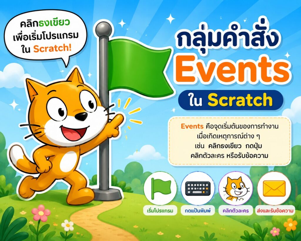 ใบงานที่ 13 กลุ่มคำสั่ง Events ใน Scratch คืออะไร? เรียนรู้การเริ่มต้นโปรแกรมและการส่งข้อความระหว่างตัวละคร 1 ใบงานที่ 13 กลุ่มคำสั่ง Events คืออะไร