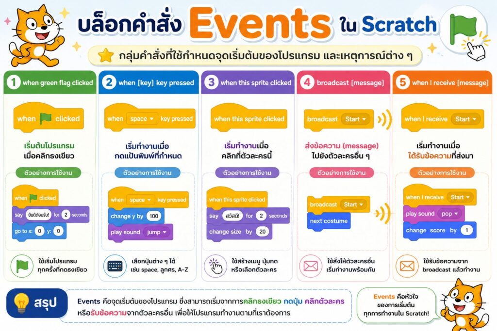 ใบงานที่ 13 กลุ่มคำสั่ง Events ใน Scratch คืออะไร? เรียนรู้การเริ่มต้นโปรแกรมและการส่งข้อความระหว่างตัวละคร 4 ใบงานที่ 13 กลุ่มคำสั่ง Events สรุป
