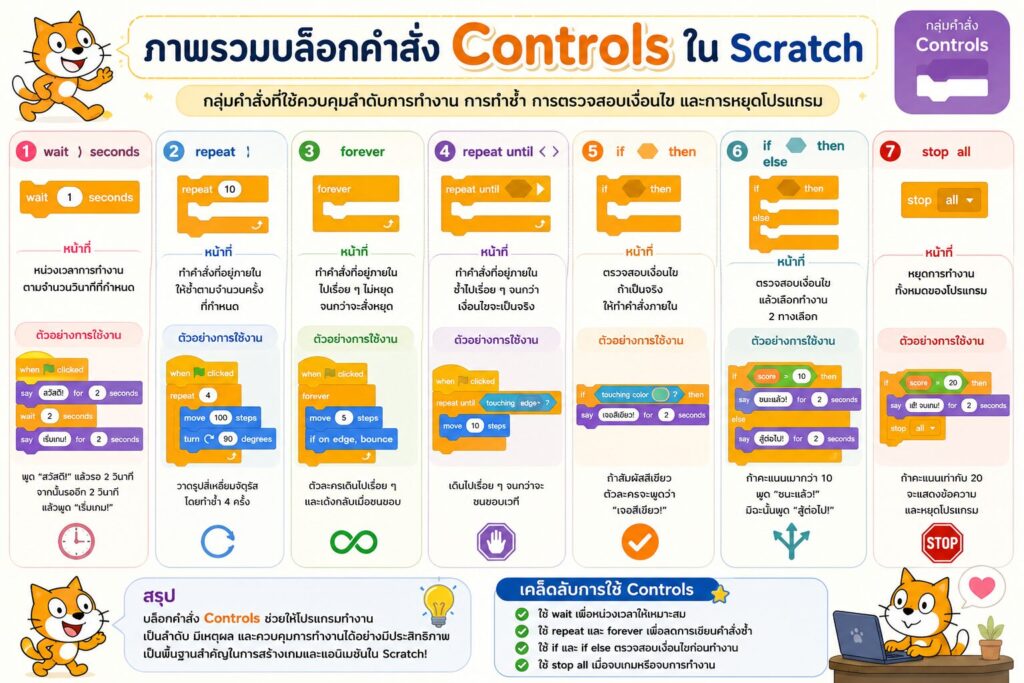 ใบงานที่ 14 กลุ่มคำสั่ง Controls ใน Scratch คืออะไร? เรียนรู้การควบคุมการทำงานของโปรแกรมแบบเข้าใจง่าย 4 ใบงานที่ 14 กลุ่มคำสั่ง Controls สรุป