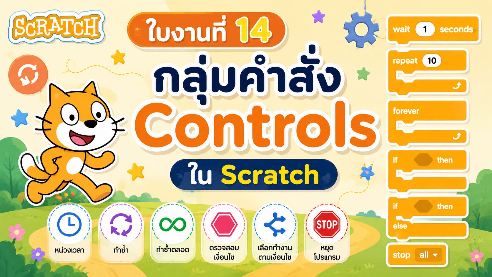 ยินดีต้อนรับสู่ Kruaof.com 1 ใบงานที่ 14 กลุ่มคำสั่ง Controls ใน Scratch คืออะไร? เรียนรู้การควบคุมการทำงานของโปรแกรมแบบเข้าใจง่าย