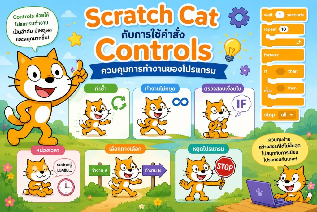 ใบงานที่ 14 กลุ่มคำสั่ง Controls ใน Scratch คืออะไร? เรียนรู้การควบคุมการทำงานของโปรแกรมแบบเข้าใจง่าย 1 ใบงานที่ 14 ประโยชน์ของกลุ่มคำสั่ง Controls