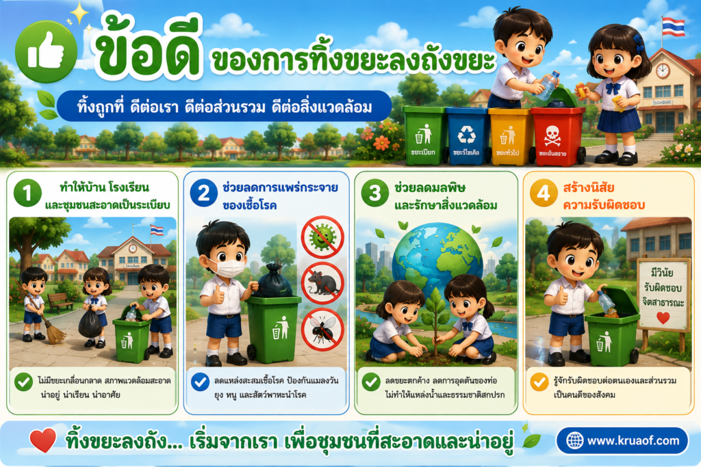 ข้อดีของการทิ้งขยะลงถังขยะ และข้อเสียของการทิ้งขยะไม่ลงถังขยะ พร้อมแนวคำตอบ 2 ข้อดีของการทิ้งขยะลงถังขยะ