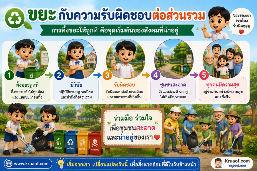 ข้อดีของการทิ้งขยะลงถังขยะ และข้อเสียของการทิ้งขยะไม่ลงถังขยะ พร้อมแนวคำตอบ 4 การทิ้งขยะกับความรับผิดชอบต่อส่วนรวม