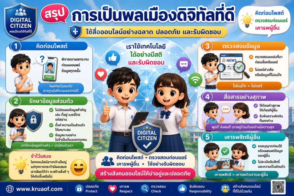 การใช้สื่อสังคมออนไลน์อย่างปลอดภัยและเหมาะสม สำหรับนักเรียน ป.6 5 ChatGPT Image 22 ส.ค. 2569 20 42 03