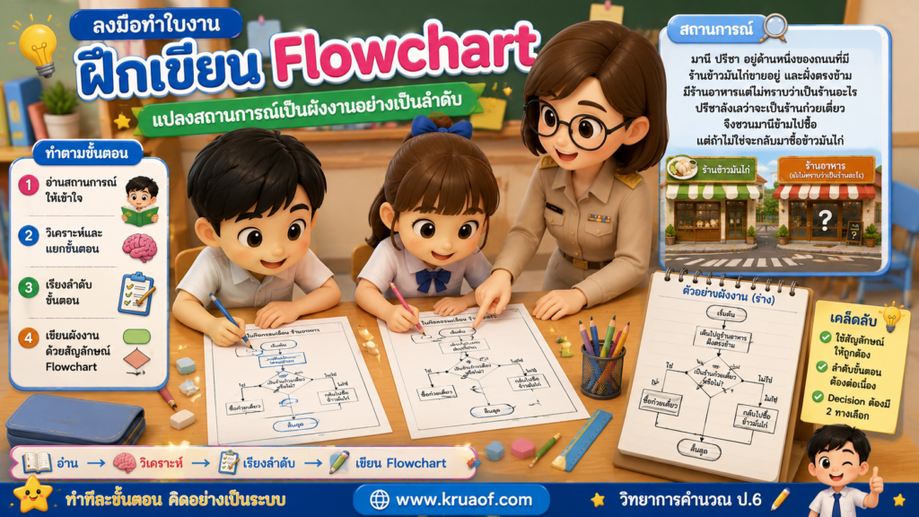 ใบงานผังงาน (Flowchart) เรื่องร้านอาหาร สำหรับนักเรียนชั้นประถมศึกษาปีที่ 6 4 ChatGPT Image 23 ส.ค. 2569 12 33 35