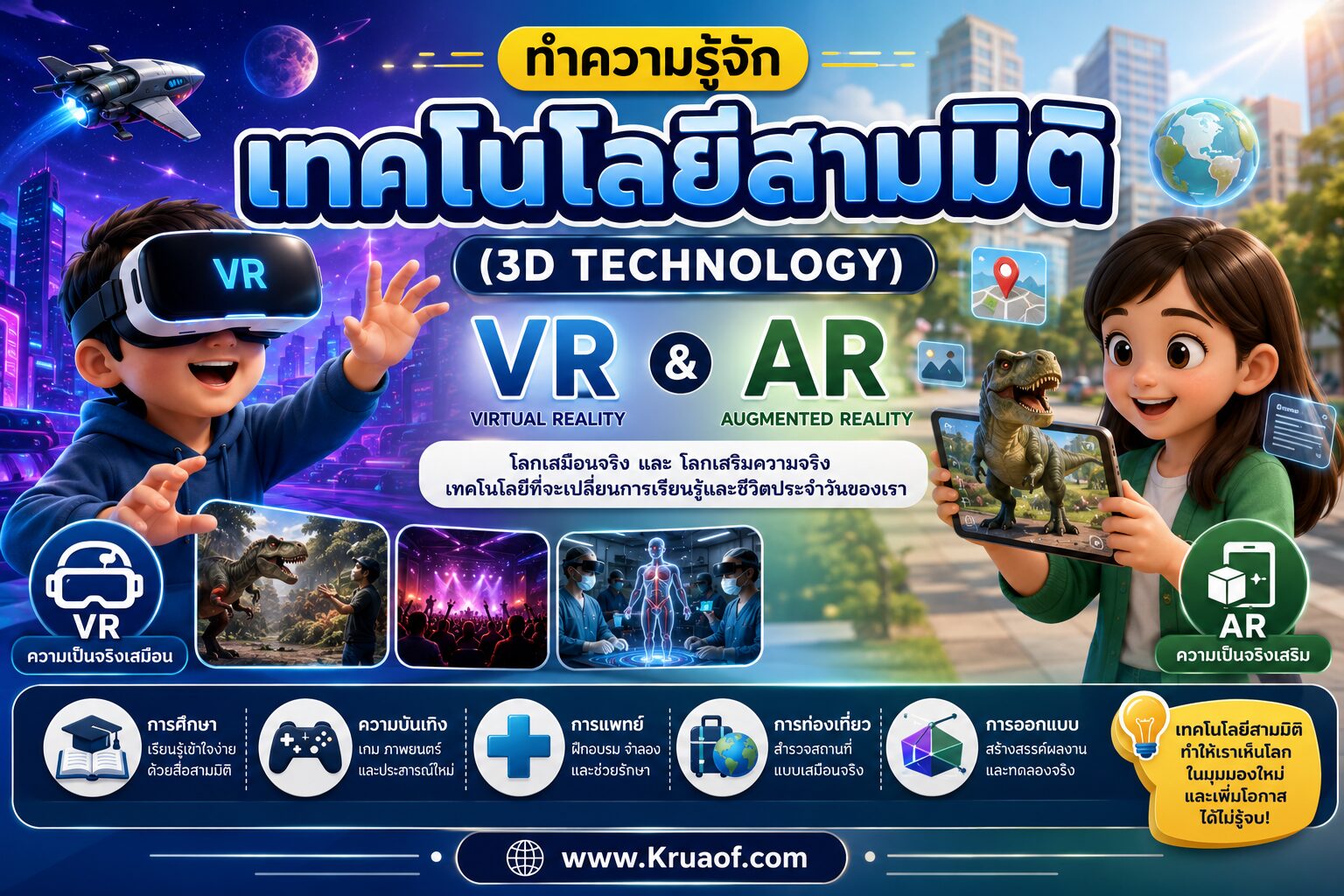 ยินดีต้อนรับสู่ Kruaof.com 1 เทคโนโลยีสามมิติ (3D Technology) คืออะไร? รู้จัก VR และ AR พร้อมตัวอย่างในชีวิตประจำวัน
