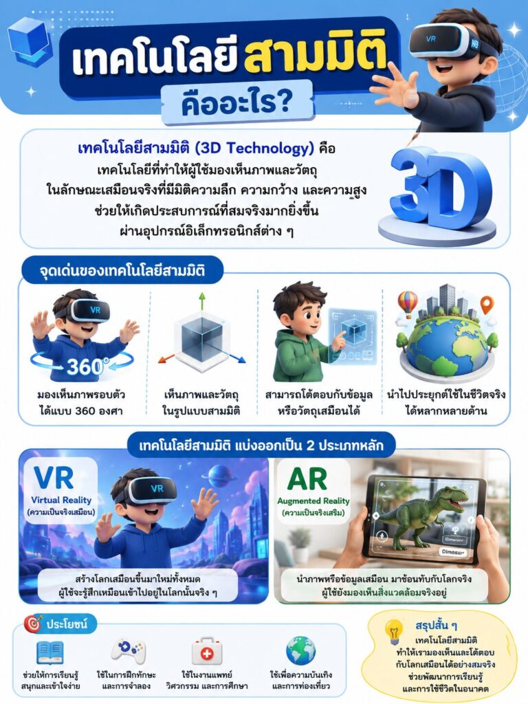 เทคโนโลยีสามมิติ (3D Technology) คืออะไร? รู้จัก VR และ AR พร้อมตัวอย่างในชีวิตประจำวัน 1 เทคโนโลยีสามมิติ 3D Technology คืออะไร