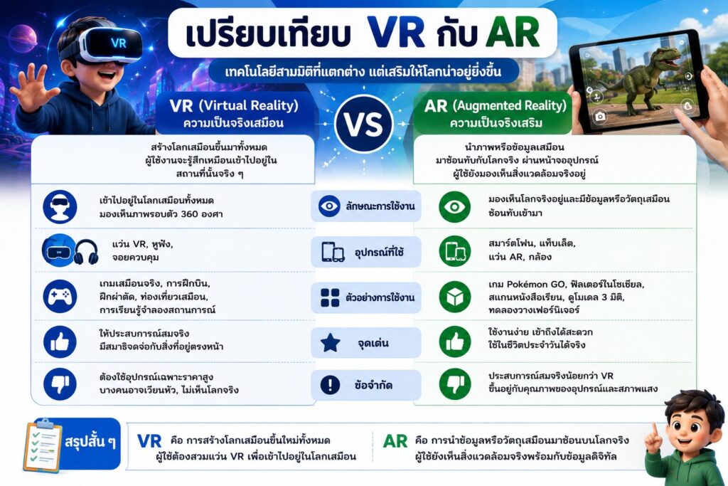 เทคโนโลยีสามมิติ (3D Technology) คืออะไร? รู้จัก VR และ AR พร้อมตัวอย่างในชีวิตประจำวัน 4 เปรียบเทียบความแตกต่างระหว่าง VR และ AR